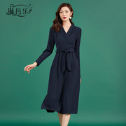 琳丹乐西装领连衣裙，深蓝色简约ol气质韩版40岁中年纯色通勤系带