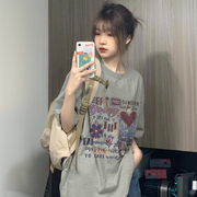 韩系chic短袖t恤女2024夏季灰色纯棉重磅宽松半袖别致上衣女