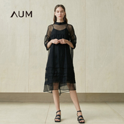 aum噢姆夏黑色(夏黑色，)气质真丝，桑蚕丝五分袖中长款两件套连衣裙