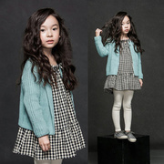 韩国童装女童春秋季英伦风，学院黑白格子长袖，连衣裙儿童棉麻娃娃裙