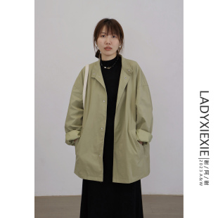 ladyxiexie韩系宽松廓形极简设计感英伦风绿色，风衣外套女秋高级感