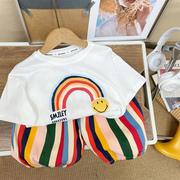 男童夏季套装婴儿童装韩版时尚彩虹短袖七分裤两件套宝宝洋气衣服