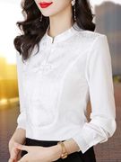 中国风白色衬衫女长袖，立领民族春秋洋气，上衣打底衬衣盘扣小衫