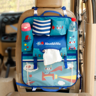 韩版卡通汽车椅背袋车后座蓝小熊置物盒宝宝用品收纳跨境车载挂袋