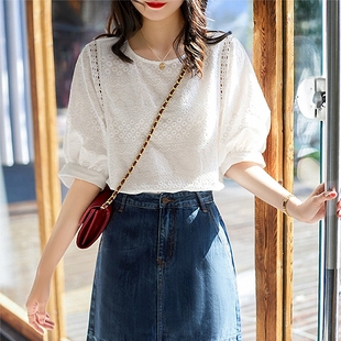 夏季女装韩版批发灯笼短袖性感镂空上衣宽松气质蕾丝刺绣衬衫