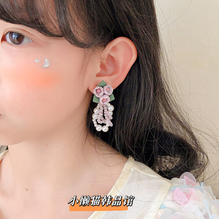 儿童耳夹无耳洞女小众设计感珍珠花朵可爱流苏无痛耳饰耳环
