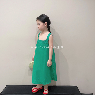 木西童品2023夏韩国(夏韩国)版女童森系绿色，蕾丝花边吊带长裙背心连衣裙