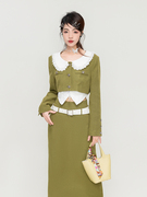 zfiod法式复古橄榄绿两件套装，早秋蕾丝娃娃领短外套，+包臀半身裙子
