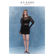 ayashistudio设计修身性感植绒，透视感泡泡袖连衣裙，女长袖连衣裙子