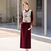 新中式国风印花套装裙2024年春季时尚气质淑女，风丝绒三件套裙