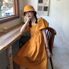 官图 2022夏季韩版带帽中长款泡泡袖连衣裙A字裙女法式方领裙子