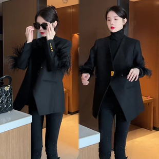 羽毛拼接设计感黑色西服外套，女秋季韩版时尚洋气百搭气质上衣