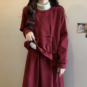 秋冬大码加绒加厚新年战袍红色新中式盘扣上衣半身裙两件套连衣裙
