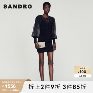 sandrooutlet女装法，式微透波点泡泡，袖包臀黑色连衣裙sfpro02694