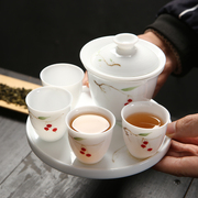 功夫茶具套装德化白瓷，手绘青花瓷羊脂玉，瓷家用简约干泡盘陶瓷