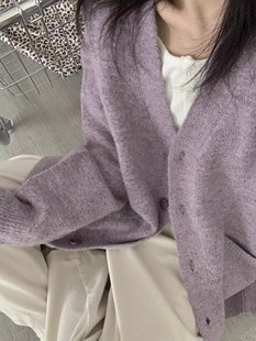 宽松慵懒风紫色毛衣外套女春季2024小个子针织开衫上衣