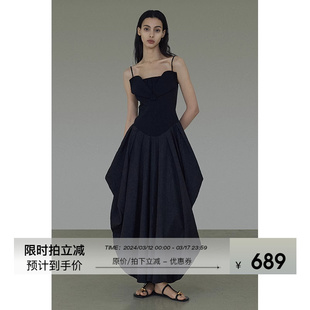 UNSPOKEN黑色吊带连衣裙气质复古高级感花苞裙法式设计感小众长裙