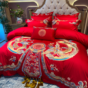 中式婚庆大红100支全棉，贡缎提花四件套龙凤，刺绣被套结婚床上用品