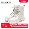 Hongkee/红科女靴2022秋冬针织时尚短靴系带白色靴子HD92F401