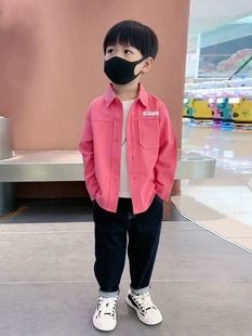 男童衬衫长袖春秋装，粉色纯棉衬衣，2023儿童男孩韩版外套潮