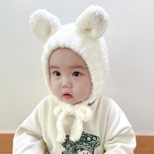 婴儿帽子冬加绒男女童保暖毛绒帽(毛绒帽)韩版耳朵手工宝宝帽婴幼儿护耳帽