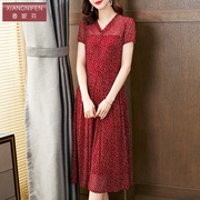 香妮芬红色时尚洋气中年妈妈，连衣裙2024春夏装短袖高端台湾纱