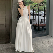 白色吊带连衣裙女2023夏季法式工字背心裙设计感收腰a字长裙