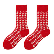 红色袜子女中筒袜本命年大红袜保暖羊毛千鸟格子棉袜新年喜庆女袜