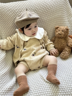 韩版童装秋冬季婴幼儿绣花开衫，毛衣女童宝宝，镂空针织外套外穿毛衫