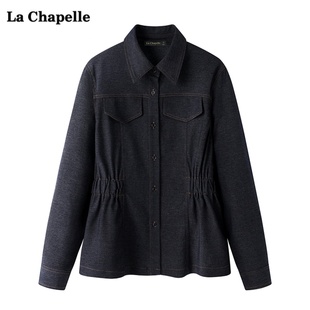拉夏贝尔lachapelle复古松紧收腰牛仔，衬衫女小众设计长袖外套春