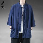 夏季中国风亚麻短袖唐装，男复古五分袖汉服，棉麻居士服大码半袖茶服