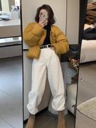 冬季韩系穿搭黄色短款棉服，女高级感超好看气质名媛今年流行的棉袄