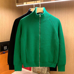 秋冬季休闲男士绿色立领拉链针织开衫加绒加厚半高领毛衣外套