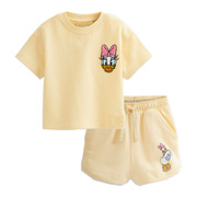 女童休闲短袖运动服套装儿童，纯棉夏装宝宝黄色，卡通t恤两件套短裤5
