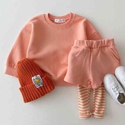 韩版婴幼少儿糖果色休闲运动套装圆领，卫衣假两件套拼接裤潮