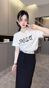 RR fashion 短袖T恤女2024夏季字母蕾丝圆领套头宽松正肩上衣