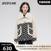 杰茜莱时尚黑白色毛绒拼接外套女装冬季小个子夹克 jessyline