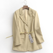 s207纯色系腰带西装领外套，单排扣秋冬长袖，中长款西装女小西服