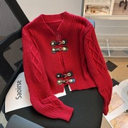 红色毛衣外套女春秋款2024今年流行秋季女装短款长袖上衣