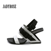 jadyrose夏季凉鞋一字带欧美露趾女鞋运动设计扣带异型跟高跟拼色