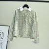浅绿色单口袋(单口袋，)格子短款长袖棉布衬衫，女秋季韩版小清新上衣外套