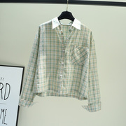 浅绿色单口袋(单口袋)格子，短款长袖棉布，衬衫女秋季韩版小清新上衣外套