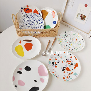 ins北欧简约风格几何碎片创意设计感泼墨颜料盘个性彩色陶瓷盘子