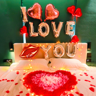 表白求婚惊喜布置酒店场景气球浪漫装饰创意卧室床上场景布置