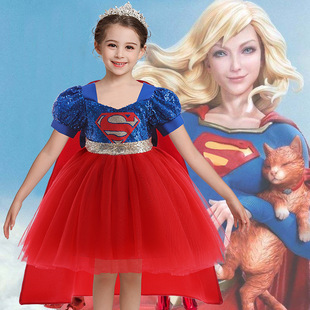 夏款女童拼接礼服裙漫威超人带披风cosplay连衣裙童裙