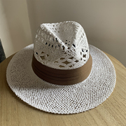 夏季白色礼帽镂空巴拿马草帽，遮阳大沿防晒沙滩帽，子女夏天爵士帽潮