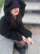 黑色连帽潮牌库洛米刺绣仿羊羔绒，加绒加厚外套，女秋冬ins宽松卫衣