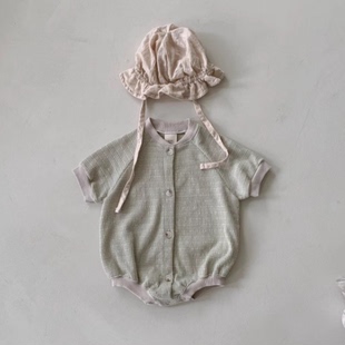 韩国进口婴儿时尚帅气短袖连体衣男宝宝夏装前开扣爬服包屁衣