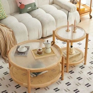北欧圆形桌实木玻璃茶几，组合家用小户型客厅，日式简约藤编小圆桌子