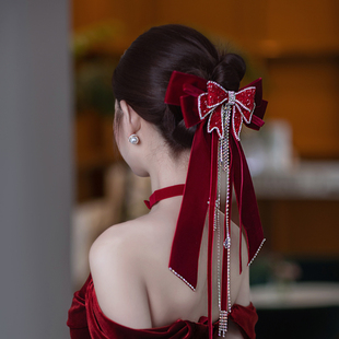 新娘头饰后脑勺低发髻，盘发敬酒服晚宴礼服，中式红色蝴蝶结发夹发饰